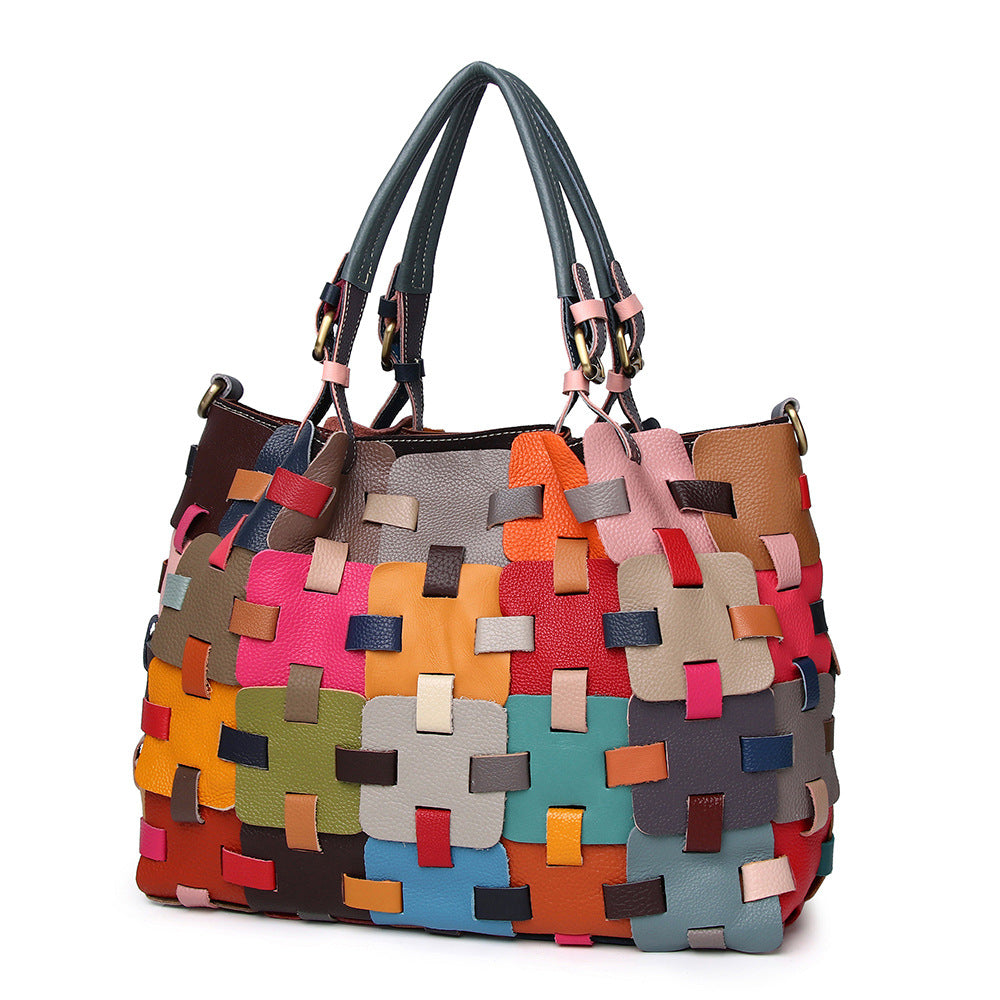 Genuine Leather Women's Bag Cowhide Ethnic Style Color European and American-style Woven Handbag Shoulder Crossbody Beach Bag Vegetable Basket Bag