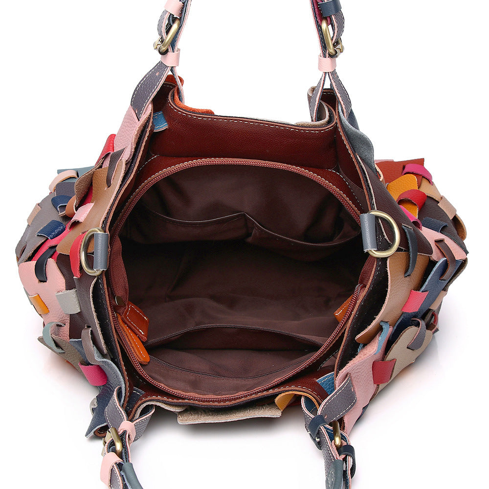 Genuine Leather Women's Bag Cowhide Ethnic Style Color European and American-style Woven Handbag Shoulder Crossbody Beach Bag Vegetable Basket Bag