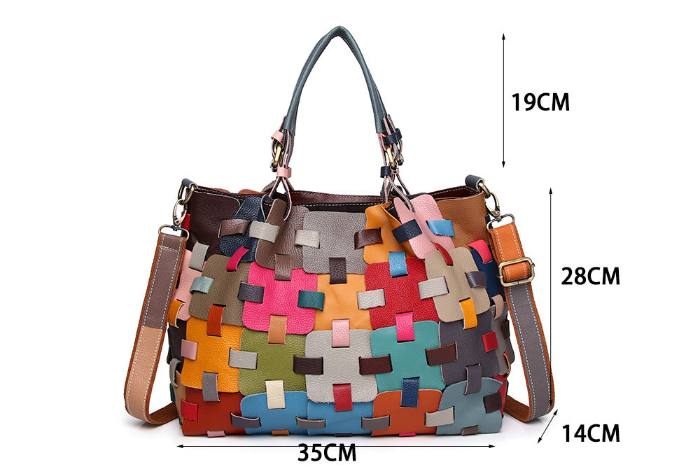 Genuine Leather Women's Bag Cowhide Ethnic Style Color European and American-style Woven Handbag Shoulder Crossbody Beach Bag Vegetable Basket Bag