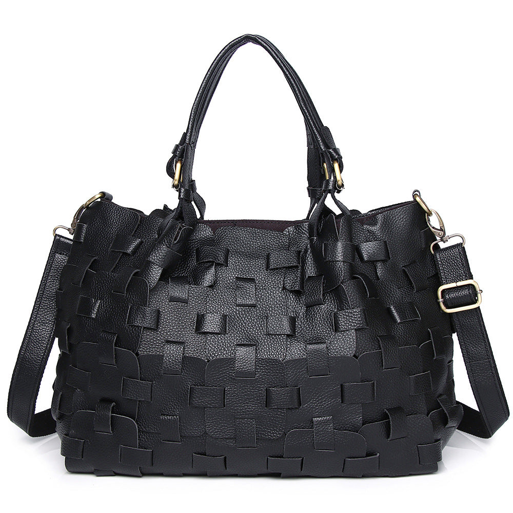 Genuine Leather Women's Bag Cowhide Ethnic Style Color European and American-style Woven Handbag Shoulder Crossbody Beach Bag Vegetable Basket Bag