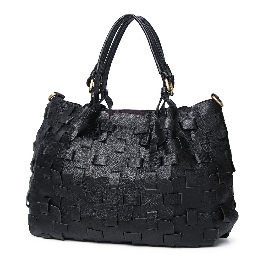 Genuine Leather Women's Bag Cowhide Ethnic Style Color European and American-style Woven Handbag Shoulder Crossbody Beach Bag Vegetable Basket Bag
