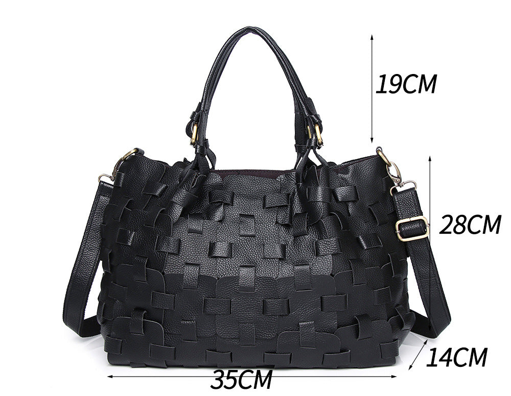 Genuine Leather Women's Bag Cowhide Ethnic Style Color European and American-style Woven Handbag Shoulder Crossbody Beach Bag Vegetable Basket Bag