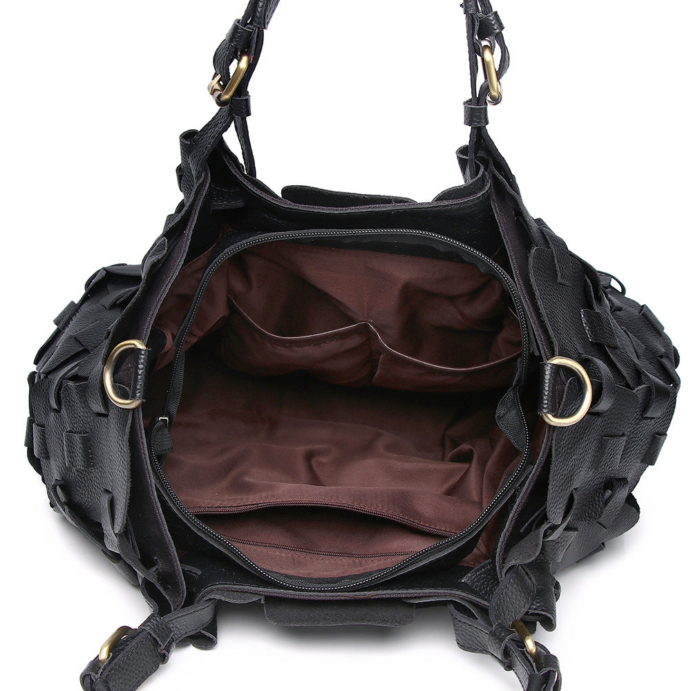 Genuine Leather Women's Bag Cowhide Ethnic Style Color European and American-style Woven Handbag Shoulder Crossbody Beach Bag Vegetable Basket Bag