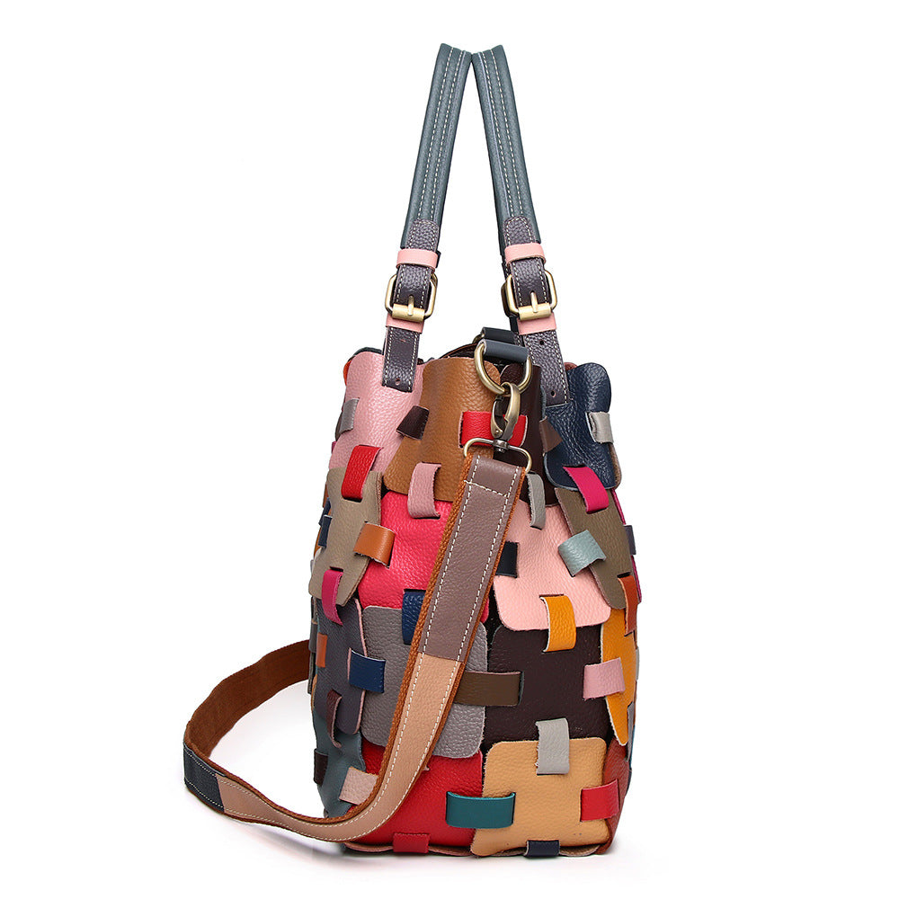 Genuine Leather Women's Bag Cowhide Ethnic Style Color European and American-style Woven Handbag Shoulder Crossbody Beach Bag Vegetable Basket Bag