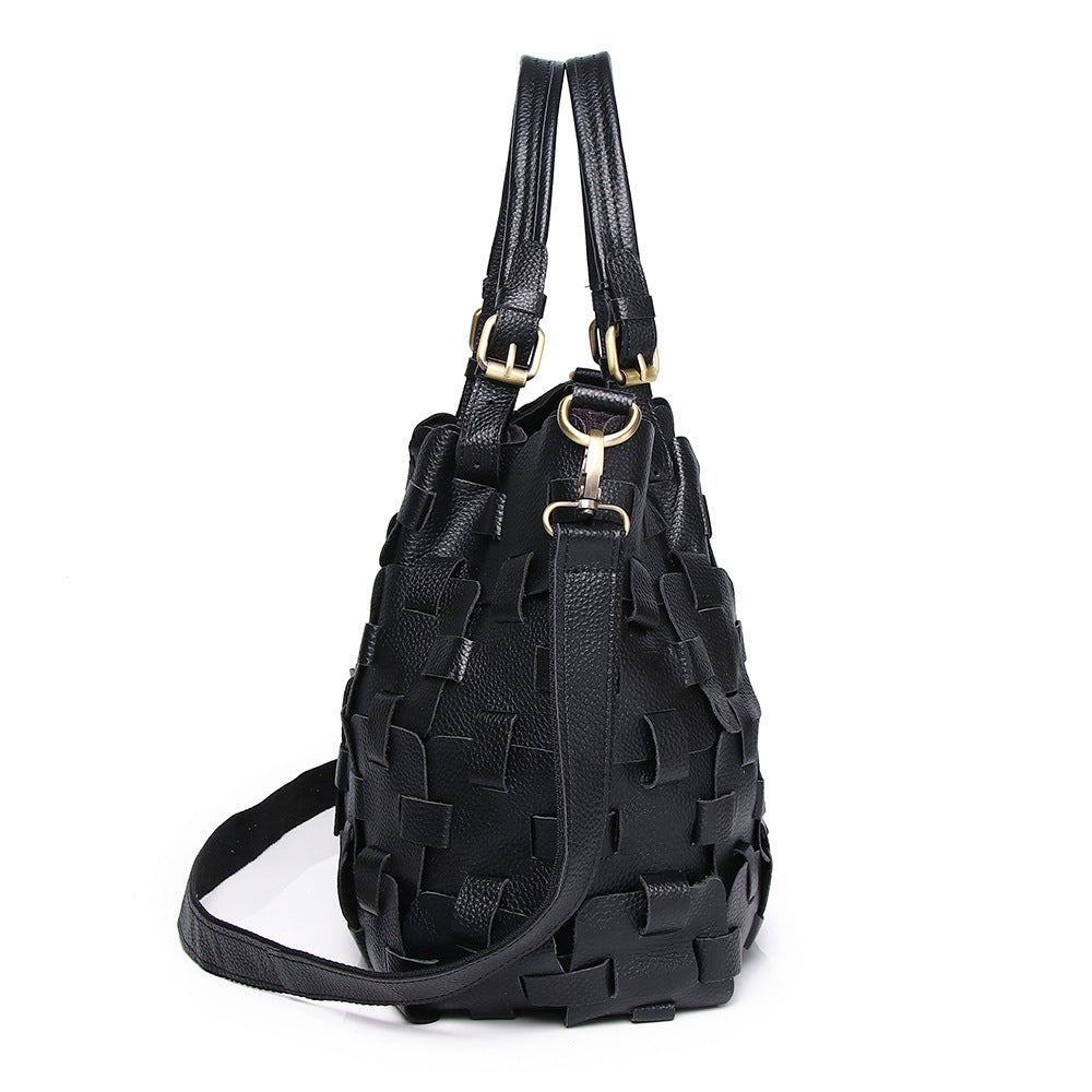 Genuine Leather Women's Bag Cowhide Ethnic Style Color European and American-style Woven Handbag Shoulder Crossbody Beach Bag Vegetable Basket Bag