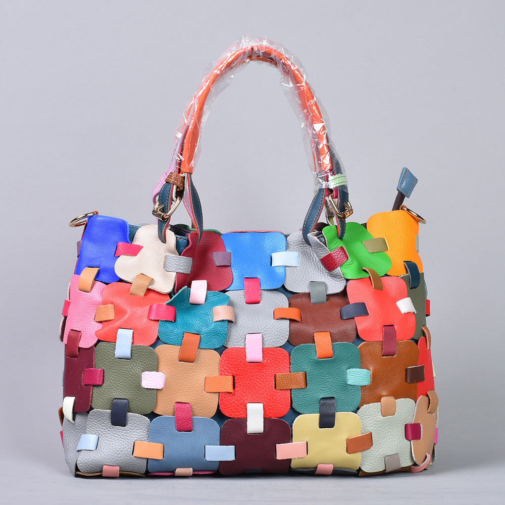 Genuine Leather Women's Bag Cowhide Ethnic Style Color European and American-style Woven Handbag Shoulder Crossbody Beach Bag Vegetable Basket Bag