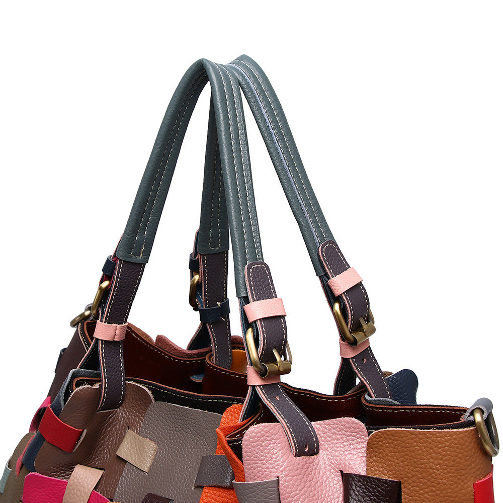 Genuine Leather Women's Bag Cowhide Ethnic Style Color European and American-style Woven Handbag Shoulder Crossbody Beach Bag Vegetable Basket Bag