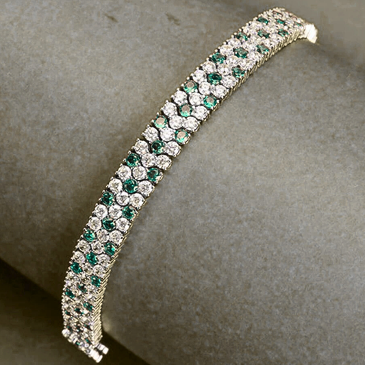 Bracciale Tennis a Tre File con Smeraldi Coltivati Taglio Brillante e Brillanti Sintetici