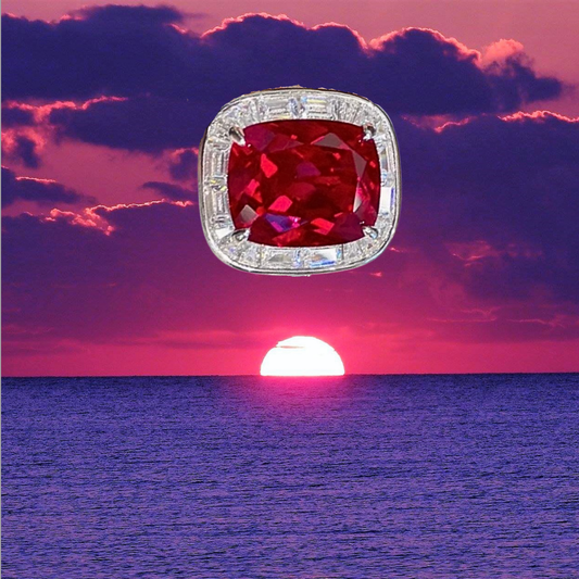 Fascia con Rubino Taglio Cuscino e Diamanti Sintetici Taglio Baguette ad Alto Contenuto di Carbonio