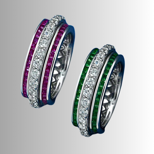 Fede Rotante con Moissanite Colore Rubino o Smeraldo Taglio Baguette e D color Taglio Brillante