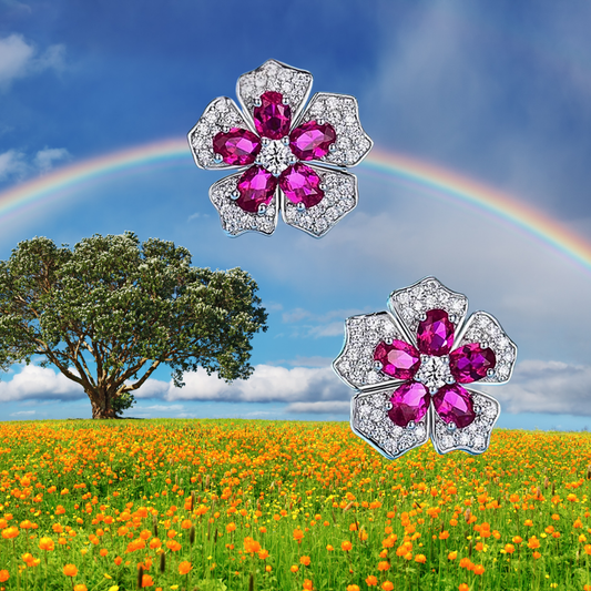 Orecchini a Fiore con Rubini Ovali Coltivati e Brillanti Sintetici ad Alto Contenuto di Carbonio