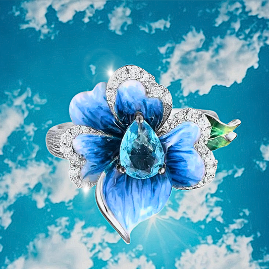 Anello Orchidea Blu con Acquamarina Sintetica e Smalto Dipinto a Mano