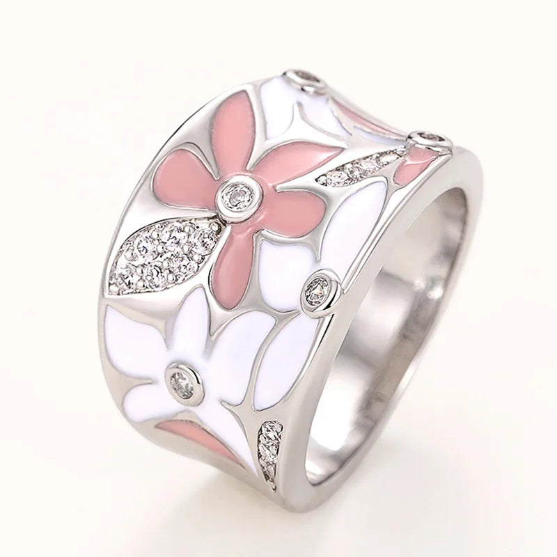 Huitan Aesthetic Enamel Flower Finger Ring for Women Wedding Party New 2023 Ring Silver Color Luxury Cubic Zirconia Jewelry Gift