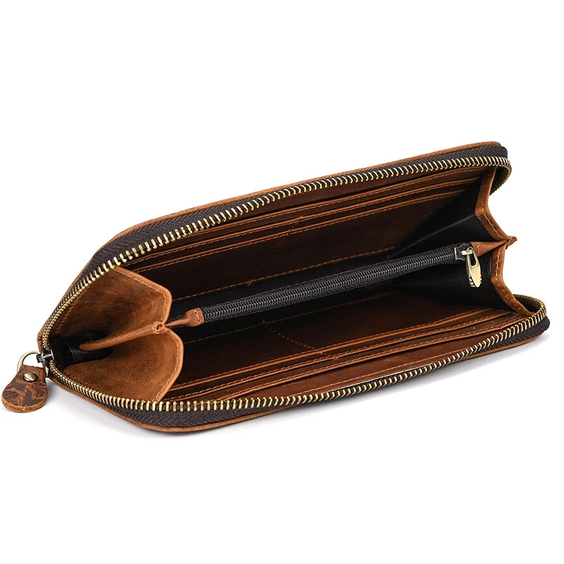 Men's crazy horse Leather long wallet Zip around genuine leather wallet Phone case purse with coin pocket 4 interlayer pocket