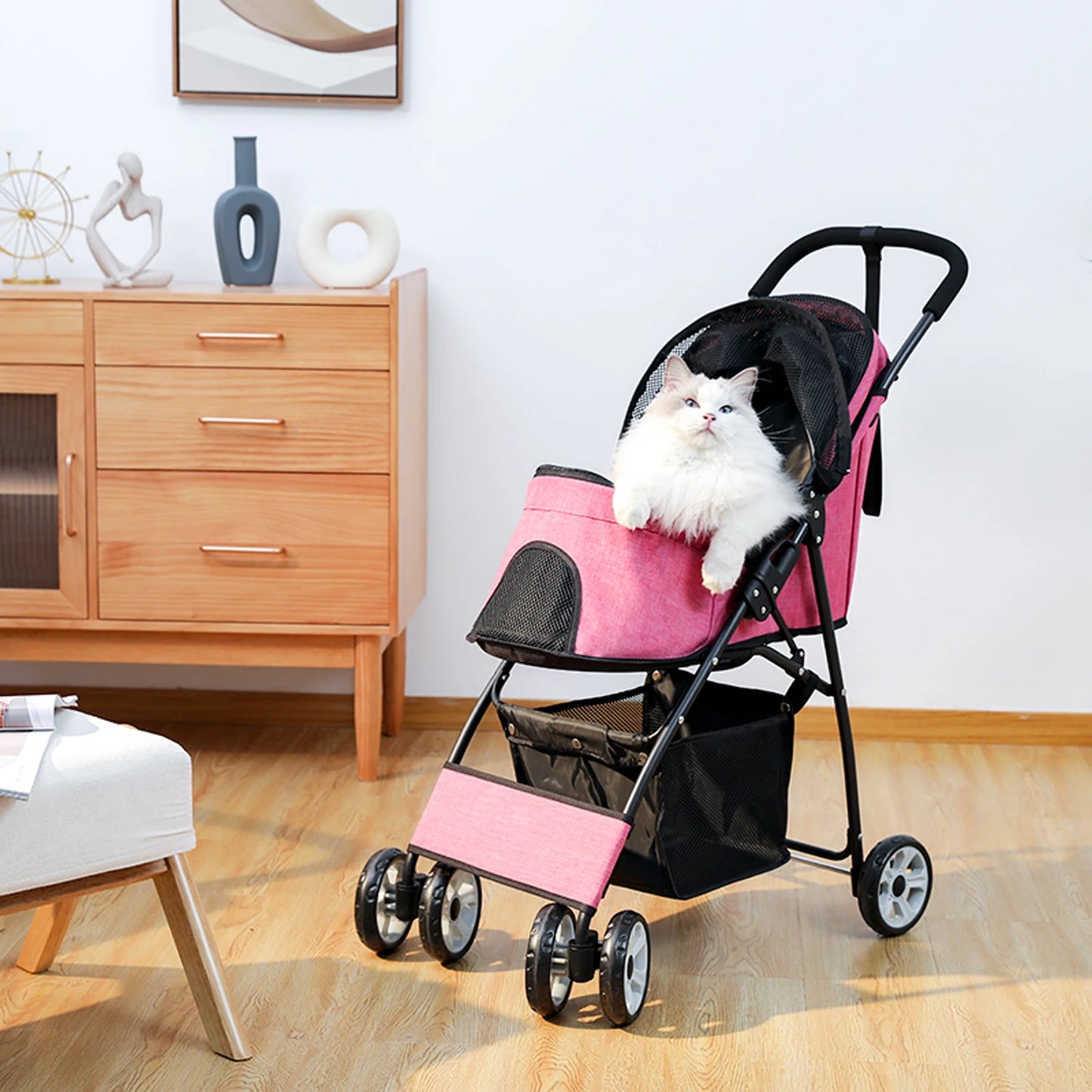 Foldable Pet Stroller 4-Wheel Dog Travel Stroller Pushchair Jogger with Storage Basket for Puppy Cat Pet Suplies Outdoor
