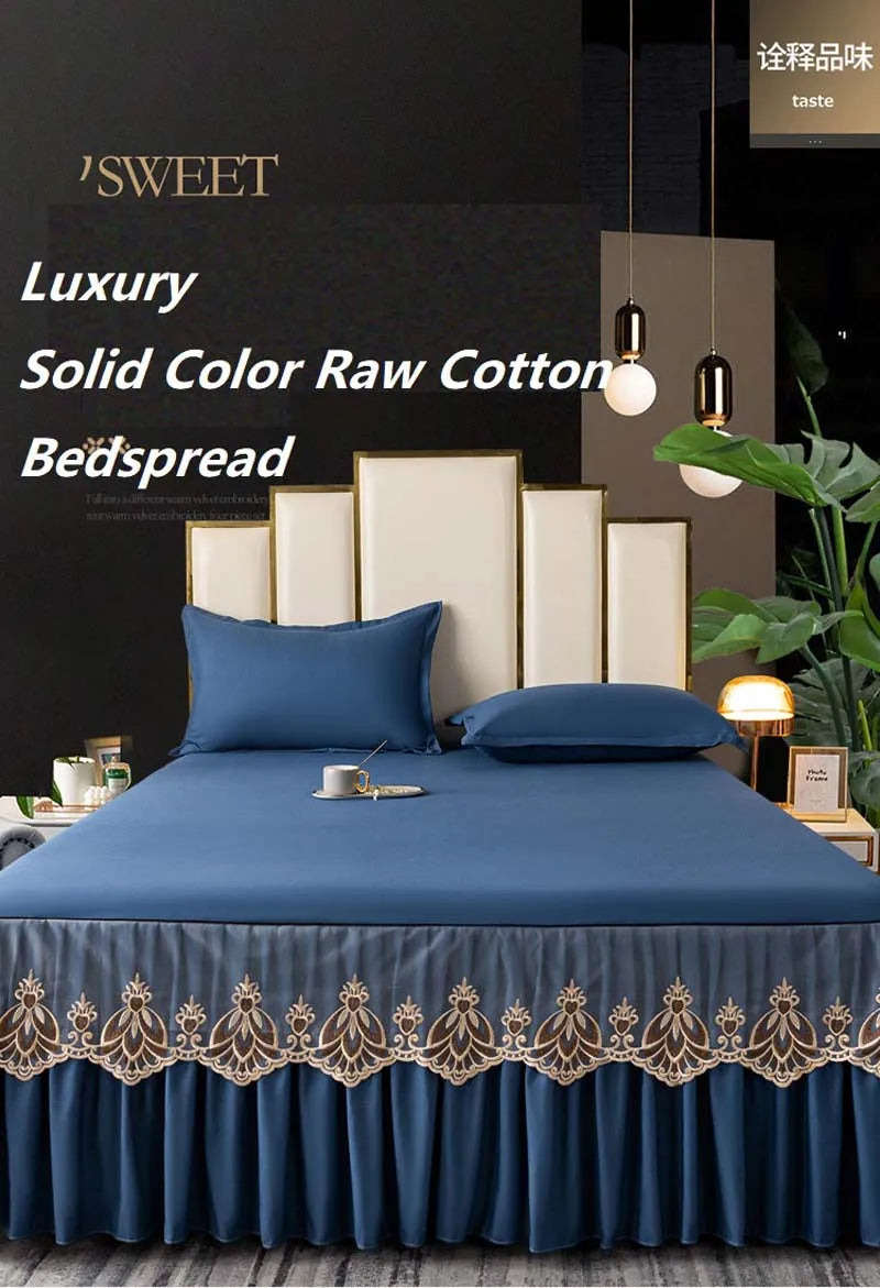 3pcs Set Raw Cotton Soft Bedspread Bed Romance Dust Protector Cover Embroidery Lace Edge Bed Skirt with 2pcs Pillowcase