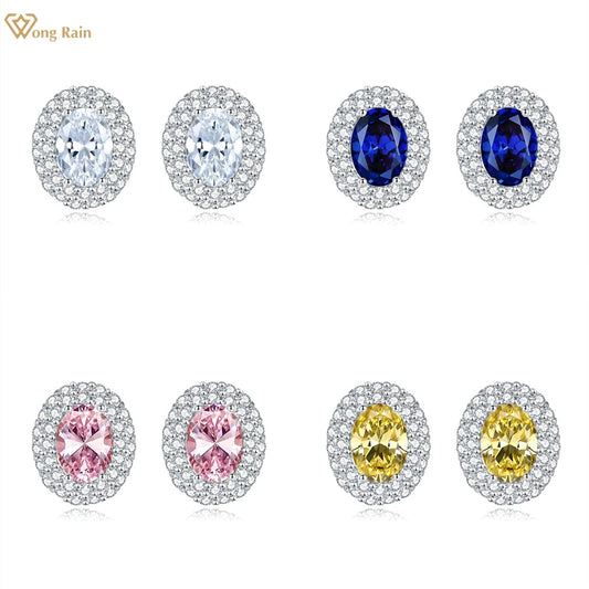 Wong Rain Solid 925 Sterling Silver Oval Cut 5*7MM Lab Sapphire Citrine Aquamarine Gem Ear Studs Earrings Fine Jewelry Wholesale