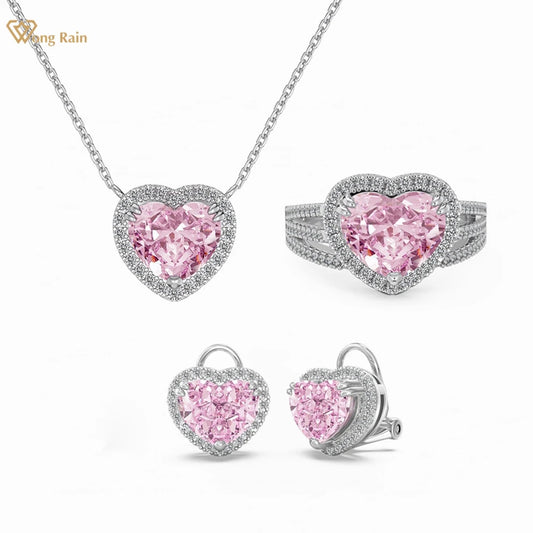 Wong Rain 925 Sterling Silver Heart Cut 8*10MM Lab Sapphire High Carbon Diamond Gems Pendant/Necklace/Earrings/Rings Jewelry Set
