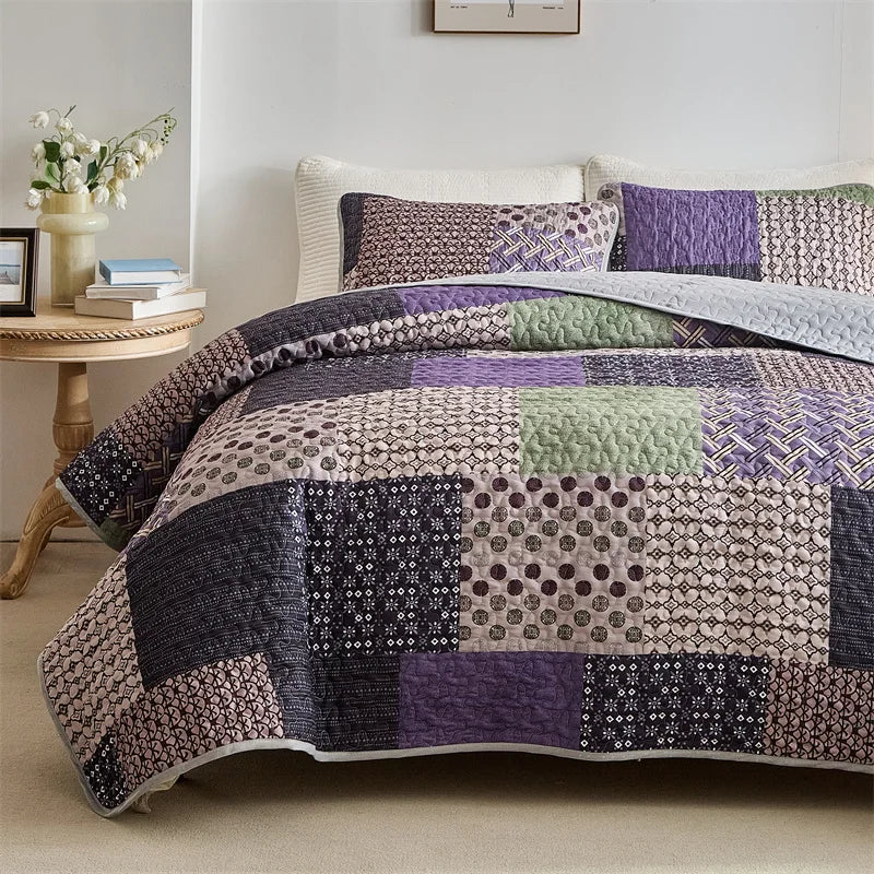 New Quilted Bedspread Set,Soft Microfiber,Thick Bed Cover+Pillowcase,European Flower Patchwork Mattress Topper Bed Sheets King