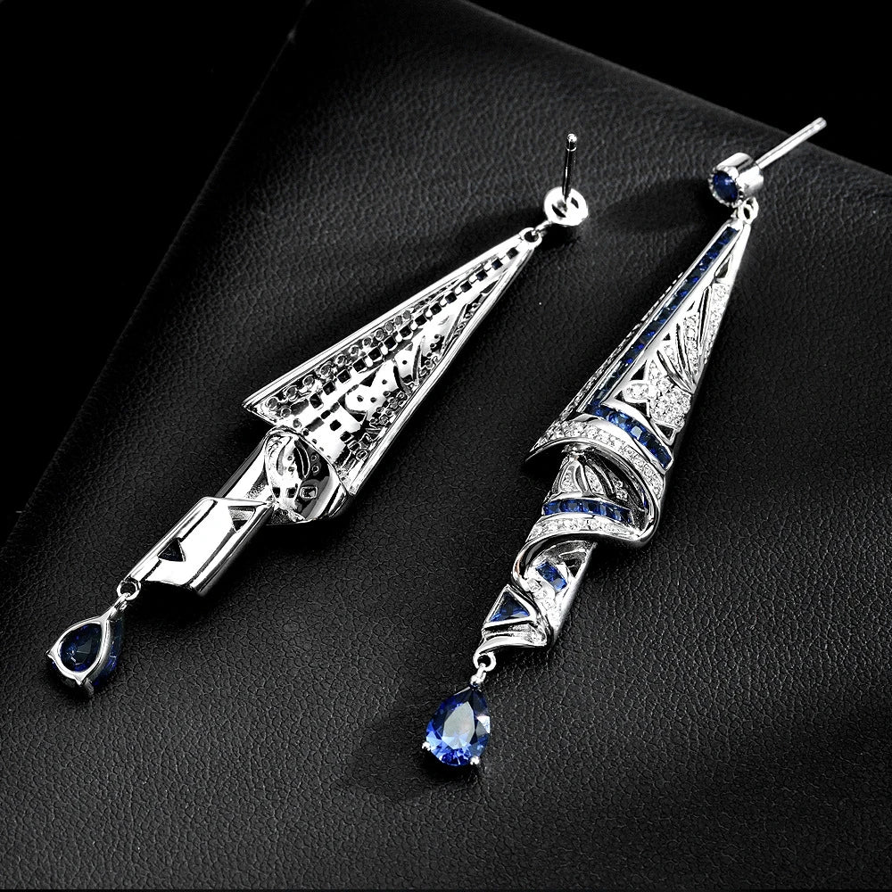 Wong Rain Vintage 100% 925 Sterling Silver Pass Test Lab Sapphire High Carbon Diamond Gemstone Drop Dangle Earrings Fine Jewelry