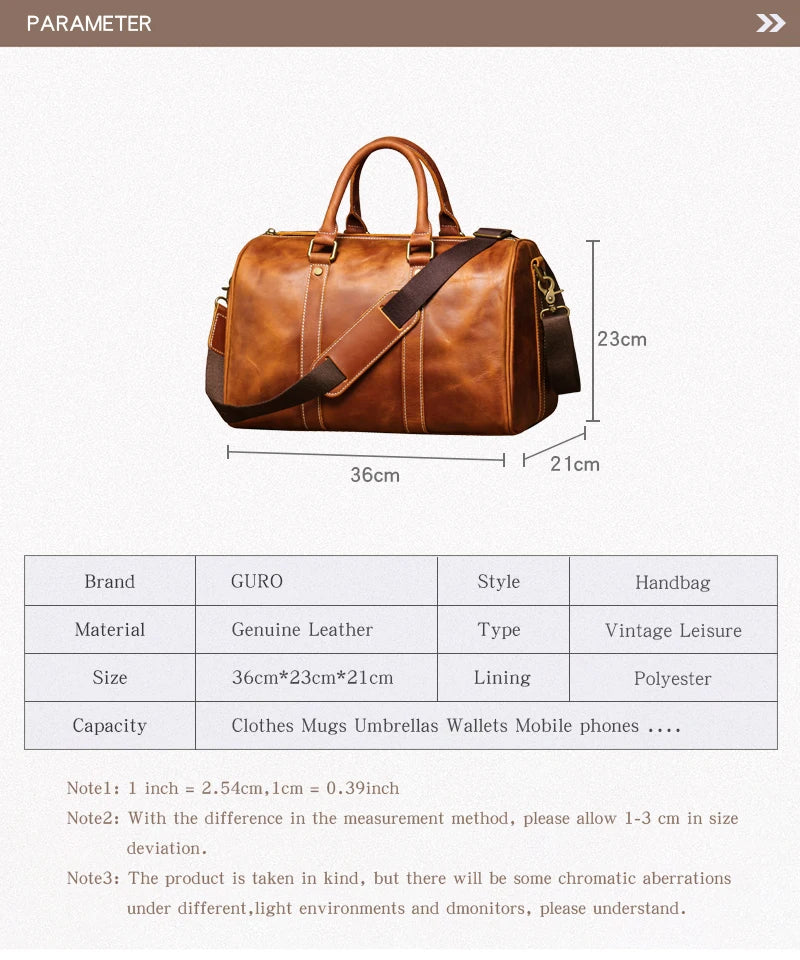 GURO Retro Higher Quality Cowhide Travel Bags  Men's Genuine Leather Handbag Women Luxury Weekend Fitness Bag Short Trip Luggage