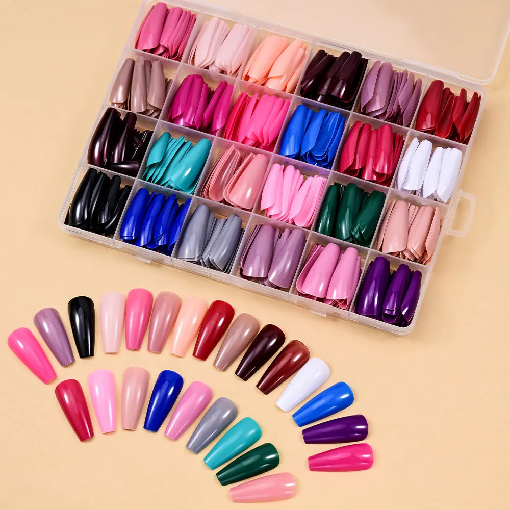 576pcs/box Colorful Long Coffin Fake Nails Glossy Soft Gel French Nail Tips Simple Press On Nail 24Grid Huge Capacity False Nail