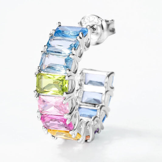 Wong Rain 100% 925 Sterling Silver Colorful 3*5 MM Lab Sapphire Gemstone Hoop Earrings for Women Fine Jewelry Gifts Wholesale