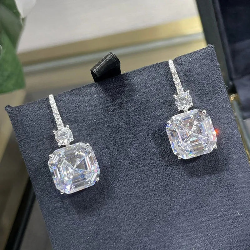 ELSIEUNEE 100% 925 Strerling Silver 12*12MM Asscher Cut Sparkling Citrine High Carbon Diamond Drop Earrings for Women Party Gift