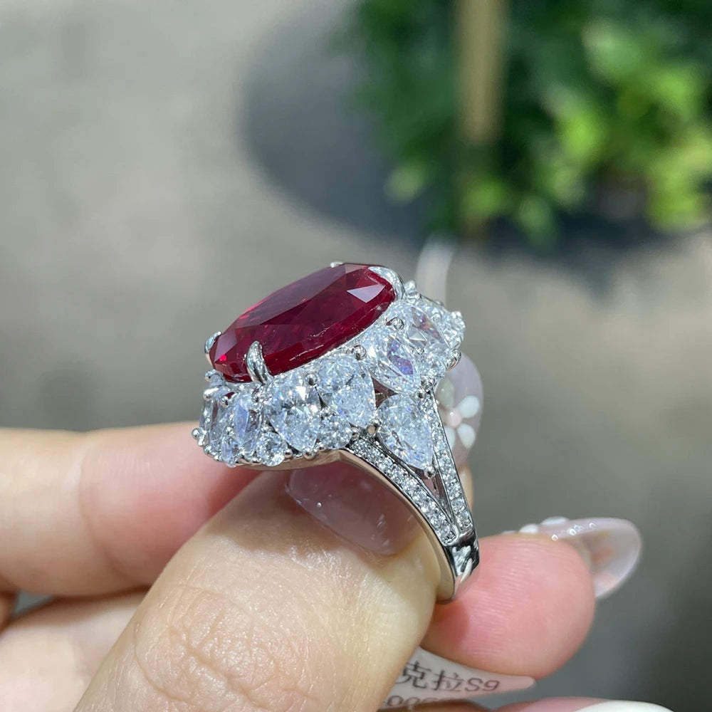 Vinregem 12CT Oval Cut Sapphire Ruby High Carbon Diamond Gemstone 925 Sterling Silver Women Rings Engagement Fine Jewelry Gifts