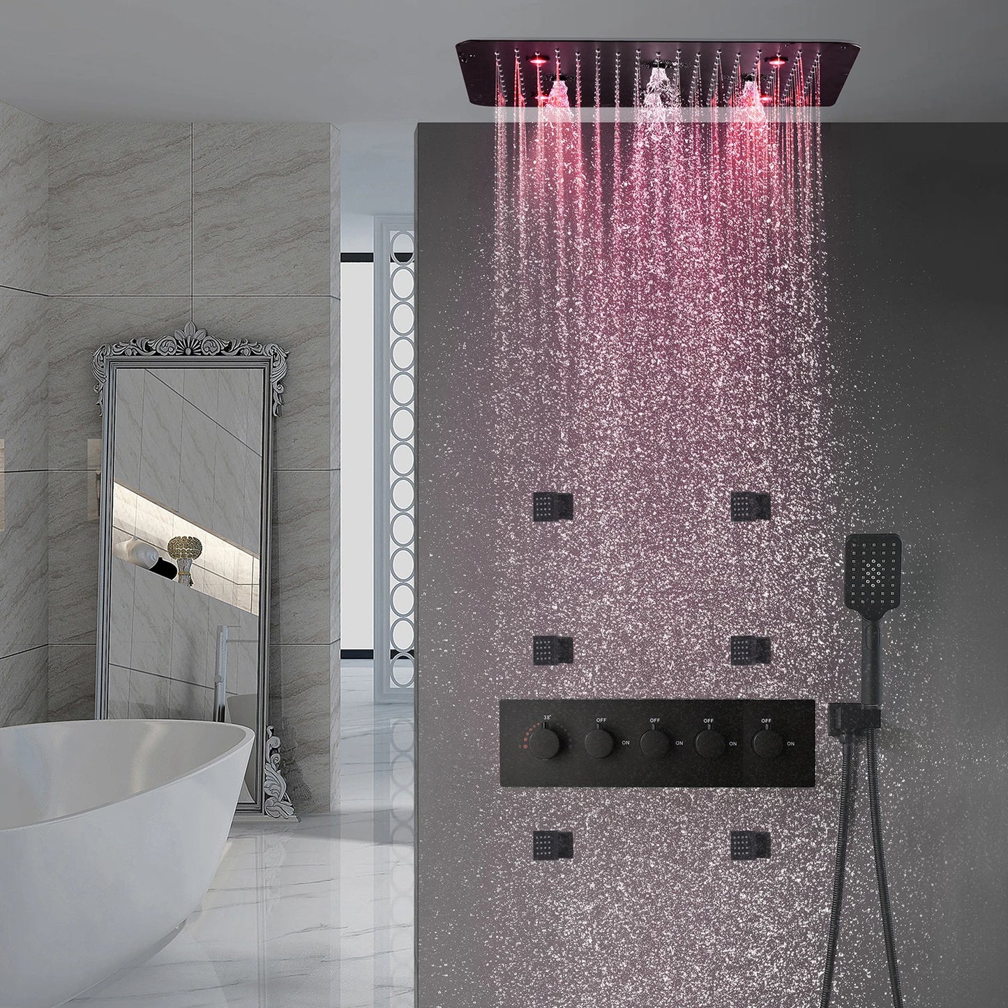 Bathroom 20inch 50x50cm Shower Head Panel Faucet Rain Mist Laterfal Jets Thermostatic Valve Mixer System SPA Massage Set