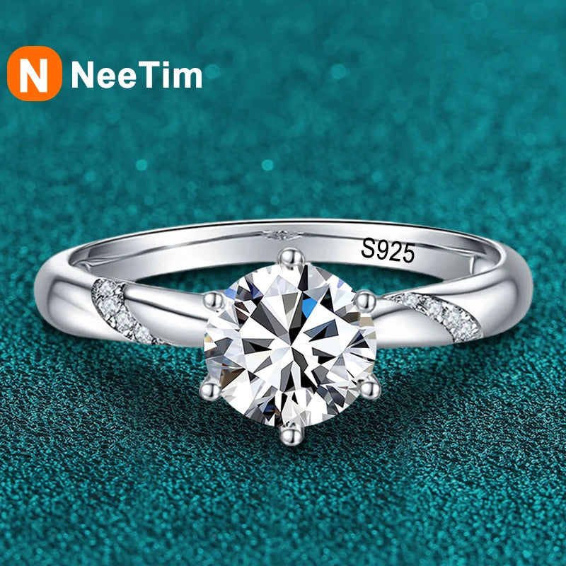 NeeTim 1ct - 3ct Moissanite Ring 925 Sterling Silver with Gold Plated Diamond Engagement Wedding Band Fine Jewelry For Women