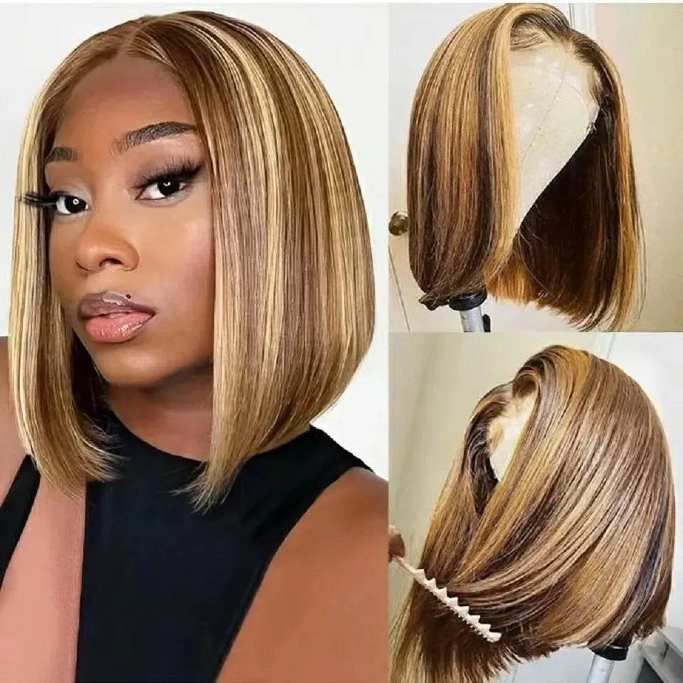 Highlight Ombre Straight Short Bob 4x4 Lace Closure Wigs 100% Human Hair Vietnamese 200 Density #4/27 Color 13x4 Lace Front Wig