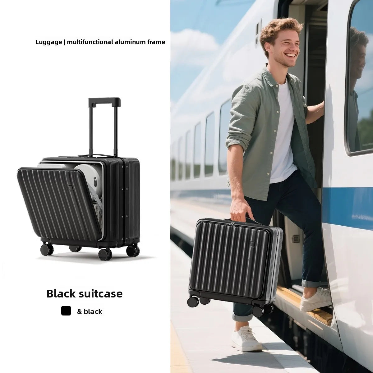 KLQDZMS 18" Luggage Travel Bag High Quality 20 Inch Boarding Box Men's Small Trolley Case Women's Front Opening Laptop Suitcase