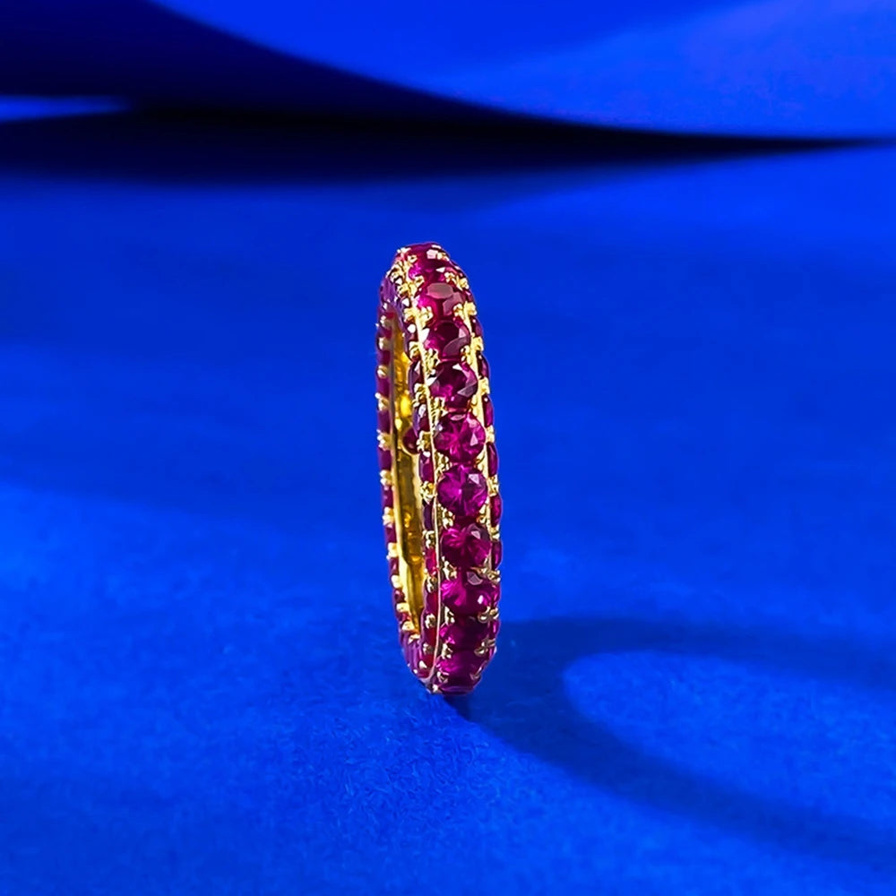 Wong Rain Vintage Solid 925 Sterling Silver Round Cut Ruby Gemstone Row Ring for Women Fine Jewelry Wedding Band Gifts Wholesale