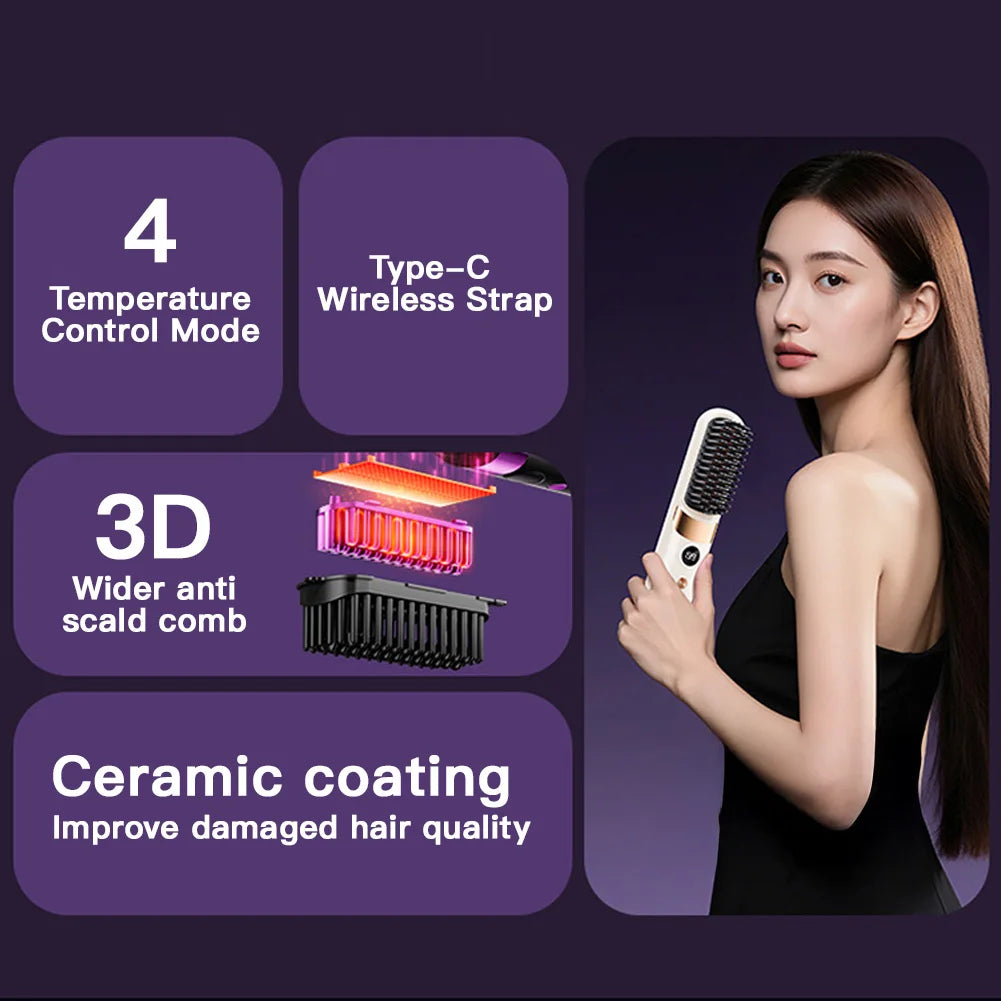 2026 New USB Charging Cordless Hair Straightener Brush-Portable Hair Straightening Brush LED Display for Women Travel Gift
