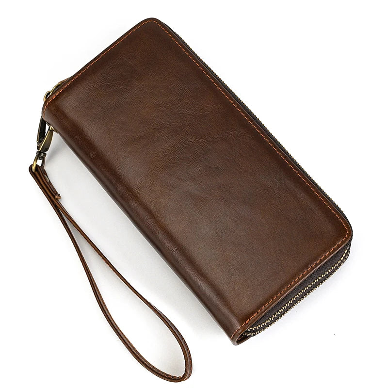 Men's crazy horse Leather long wallet Zip around genuine leather wallet Phone case purse with coin pocket 4 interlayer pocket