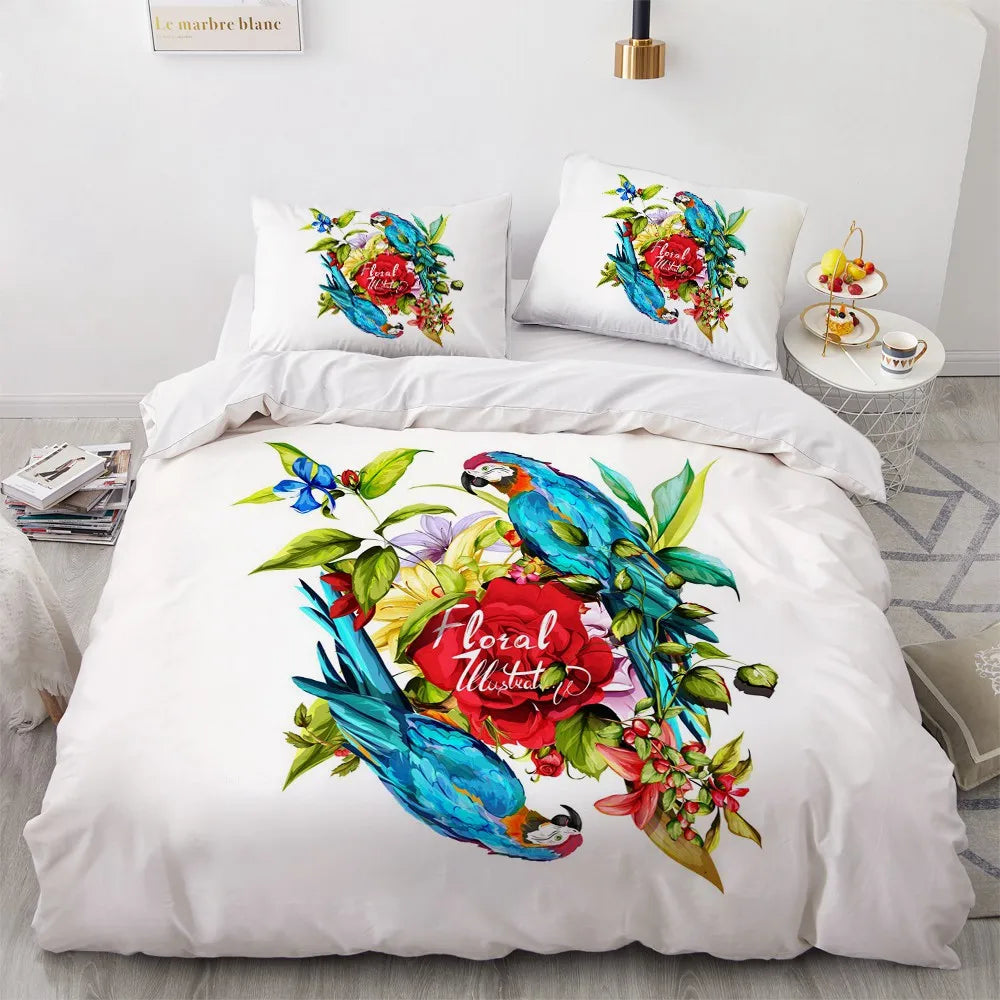 Flower Bird King Queen Duvet Cover Colorful Tropical Floral Bedding Set For Women Watercolor Plant 2/3pcs Polyester Quilt Cover