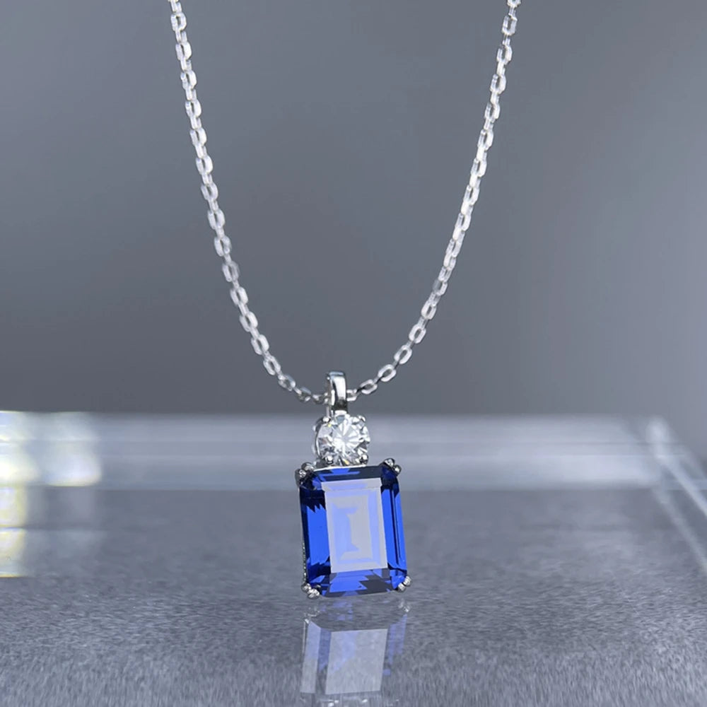 Wong Rain 925 Sterling Silver 8*10 MM Tanzanite Sapphire Ruby Citrine Emerald High Carbon Diamond Pendant Necklace Fine Jewelry