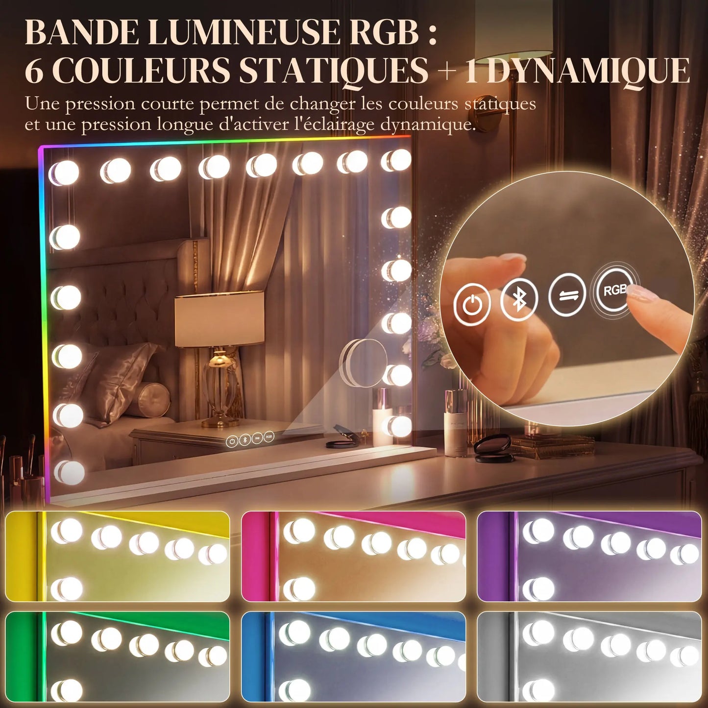 HOMCOM Hollywood make-up mirror with 18 LED bulbs, 3 light colors, RGB light, Bluetooth speaker, white