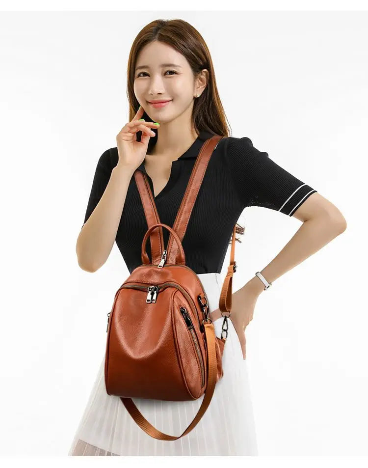 2026 New Fashionable Pure Color Leather Backpack Women's Cross-Border Travel Bag Durable Soft Cowhide Shoulder Bag for All Ages
