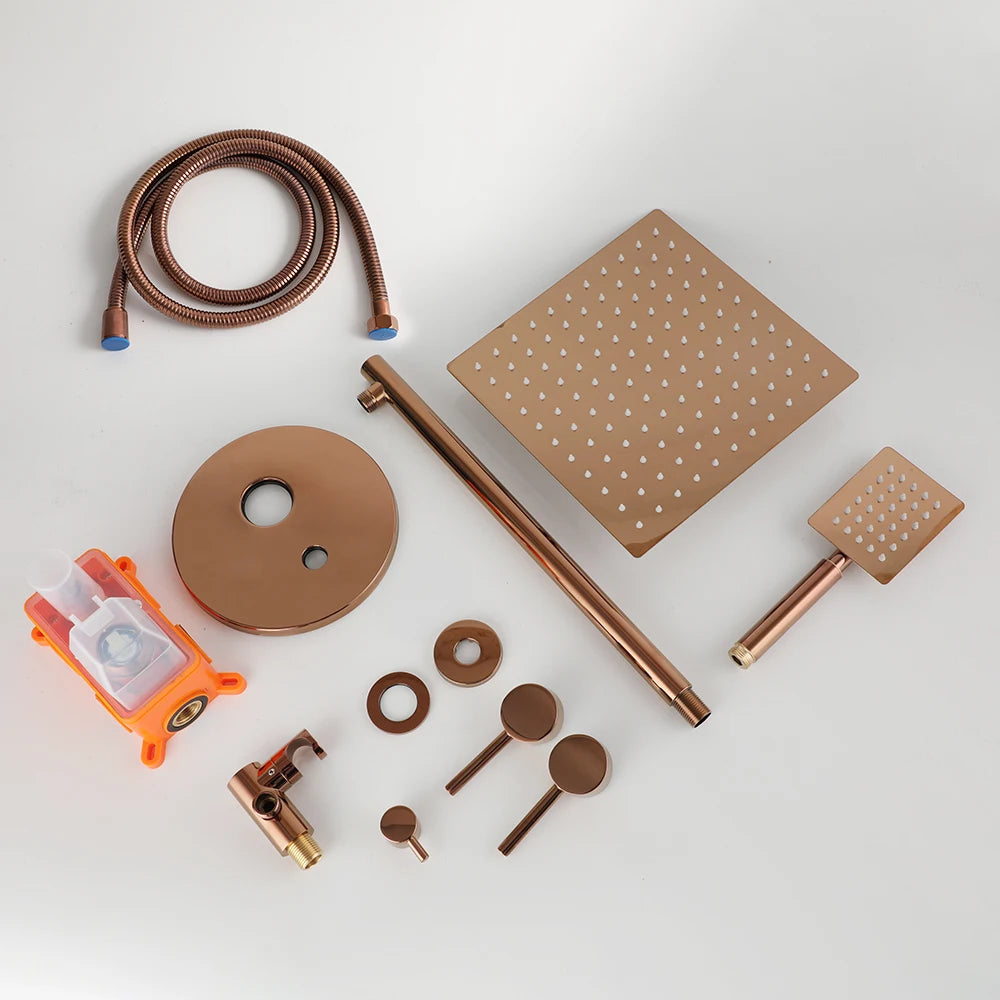 Monite Rose Golden Shower Faucet Rainfall Square Head Pink Gold Bathroom Bathtub Shower Set Faucet w/Hand Shower & Bathtub Mixer