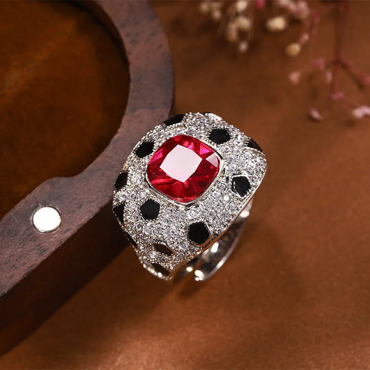 Adjustable Red Ruby Statement Stackable Rings with Black Accents Classic Cubic Zirconia for Women Jewelry Wedding Gift for Guest