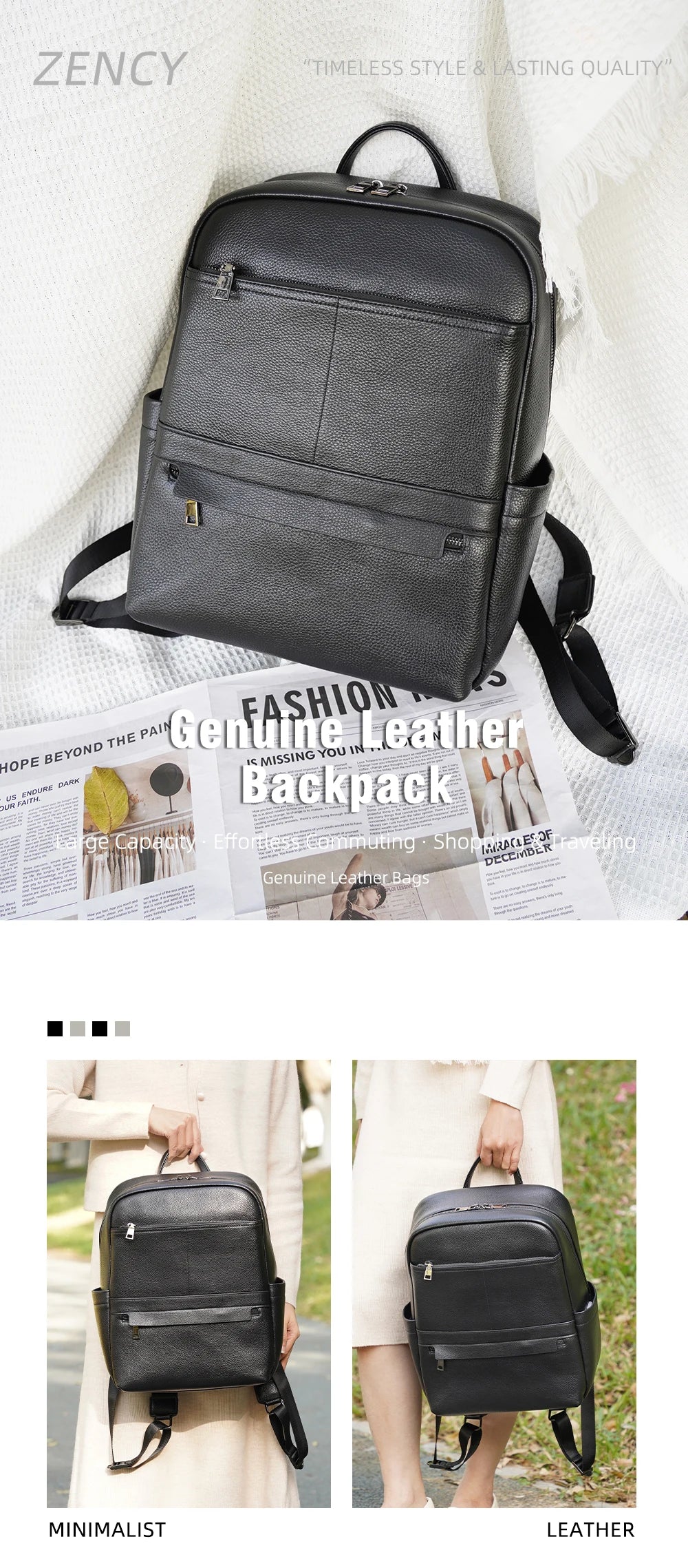 Zency Genuine Leather Backpack Bag Simple Casual Large Capacity Women's Knapsack Travel Outdoor Female Rucksack Unisex Mochilas