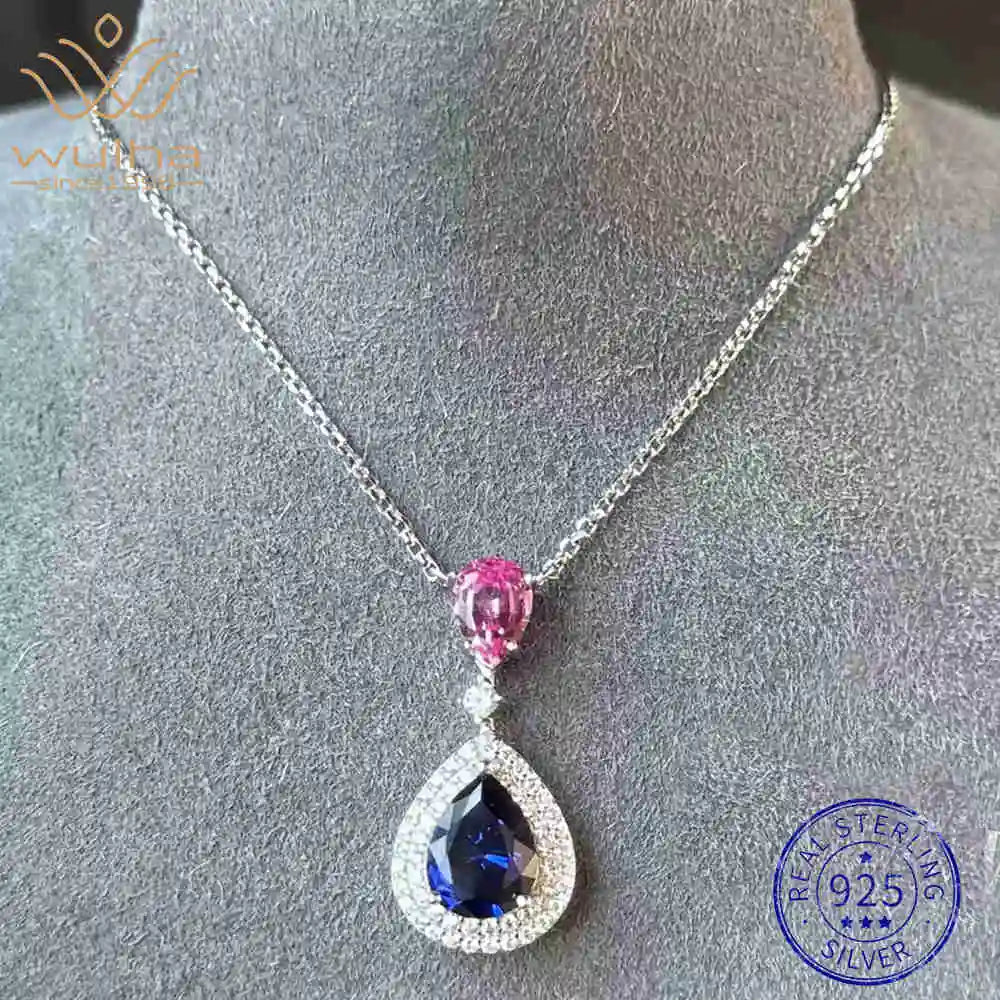 WUIHA Vintage 925 Sterling Silver 7 * 9 MM Pear Cut Lab Sapphire High Carbon Diamonds Gemstone Pendant Necklace Fine Jewelry