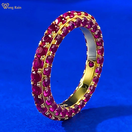 Wong Rain Vintage Solid 925 Sterling Silver Round Cut Ruby Gemstone Row Ring for Women Fine Jewelry Wedding Band Gifts Wholesale