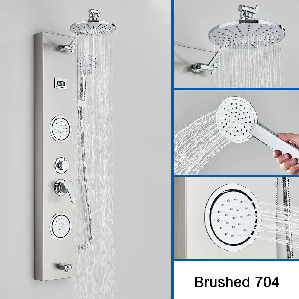 Brushed Nickel Shower Panel Column Rain&Waterfall Shower Head  Massage Jets Hot and Cold Mixer Tap Bathroom Shower Faucet