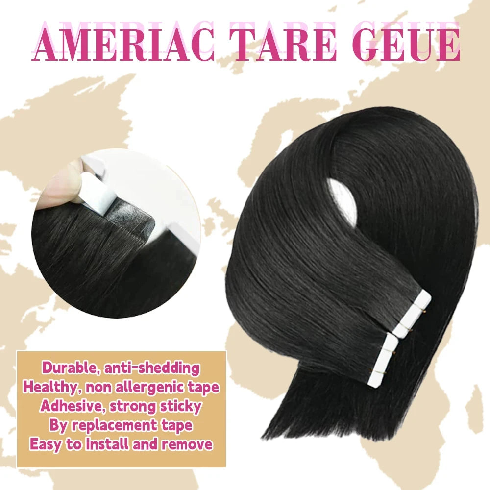 Tape In Hair Extensions Remy Human Hair 20pcs Straight Seamless Skin Weft Tape Hair Extensions Natural Black Hair For Women