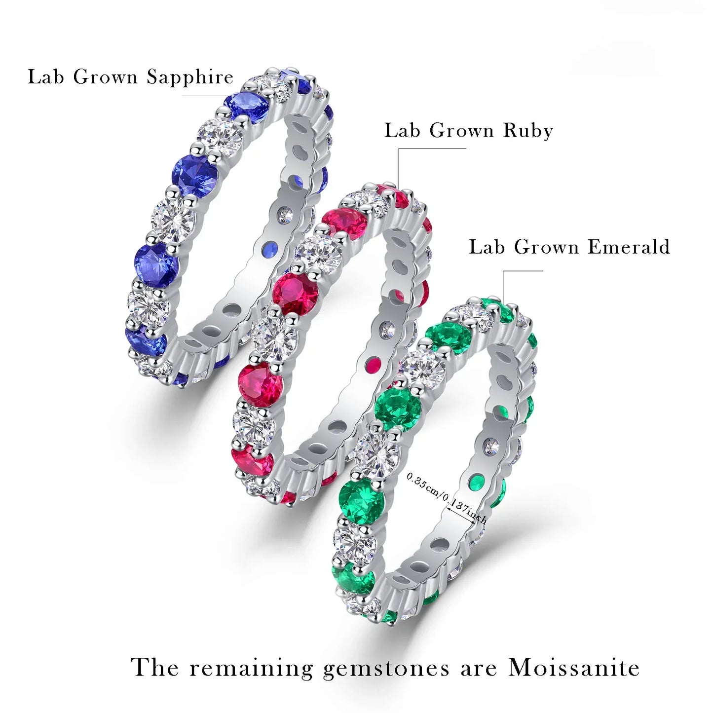 LinkerLove Lab Created Gemstone Sapphire/Emerald/Ruby Wedding Band S925 Sterling Silver Moissanite Diamond Ring Party Jewelry