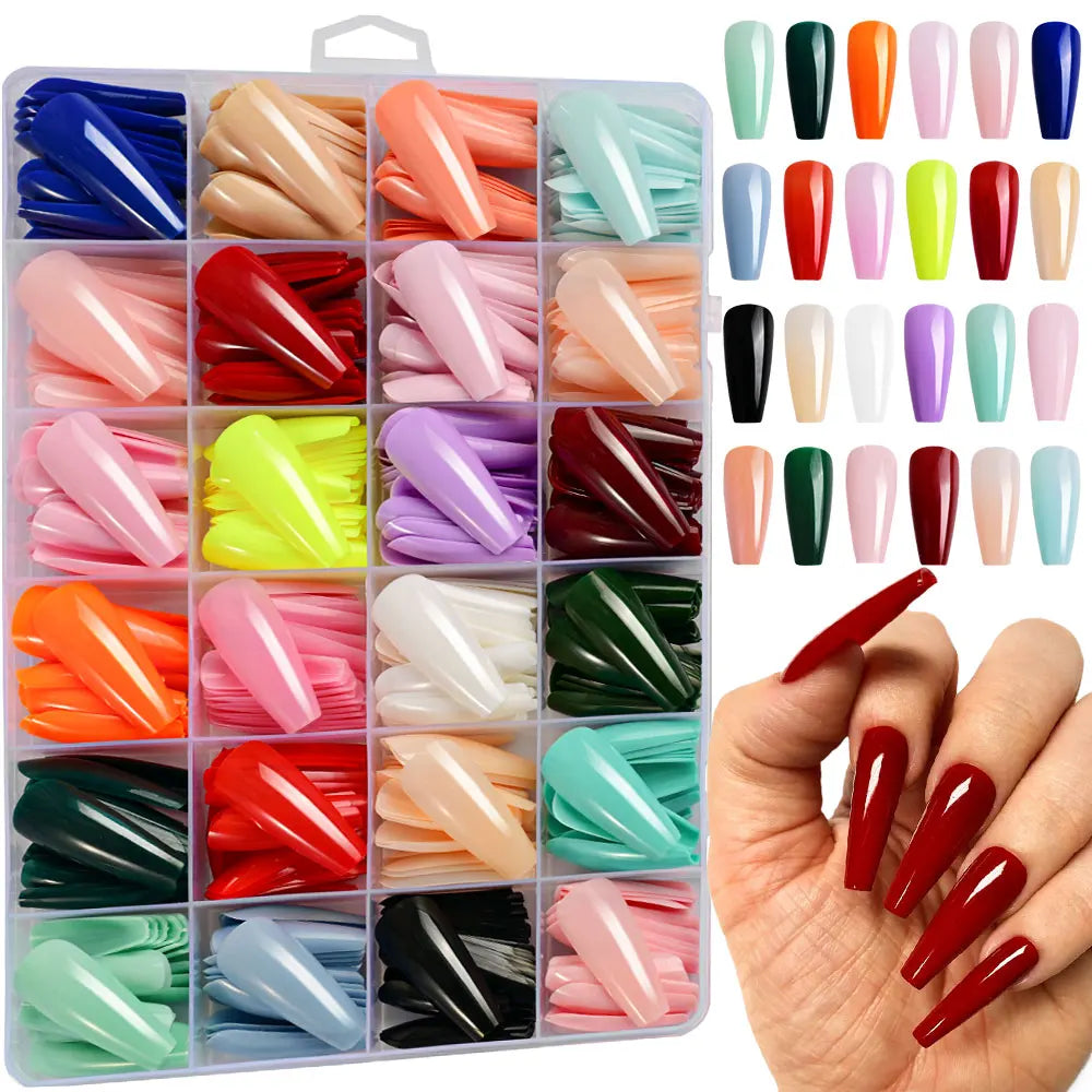 576pcs/box Colorful Long Coffin Fake Nails Glossy Soft Gel French Nail Tips Simple Press On Nail 24Grid Huge Capacity False Nail