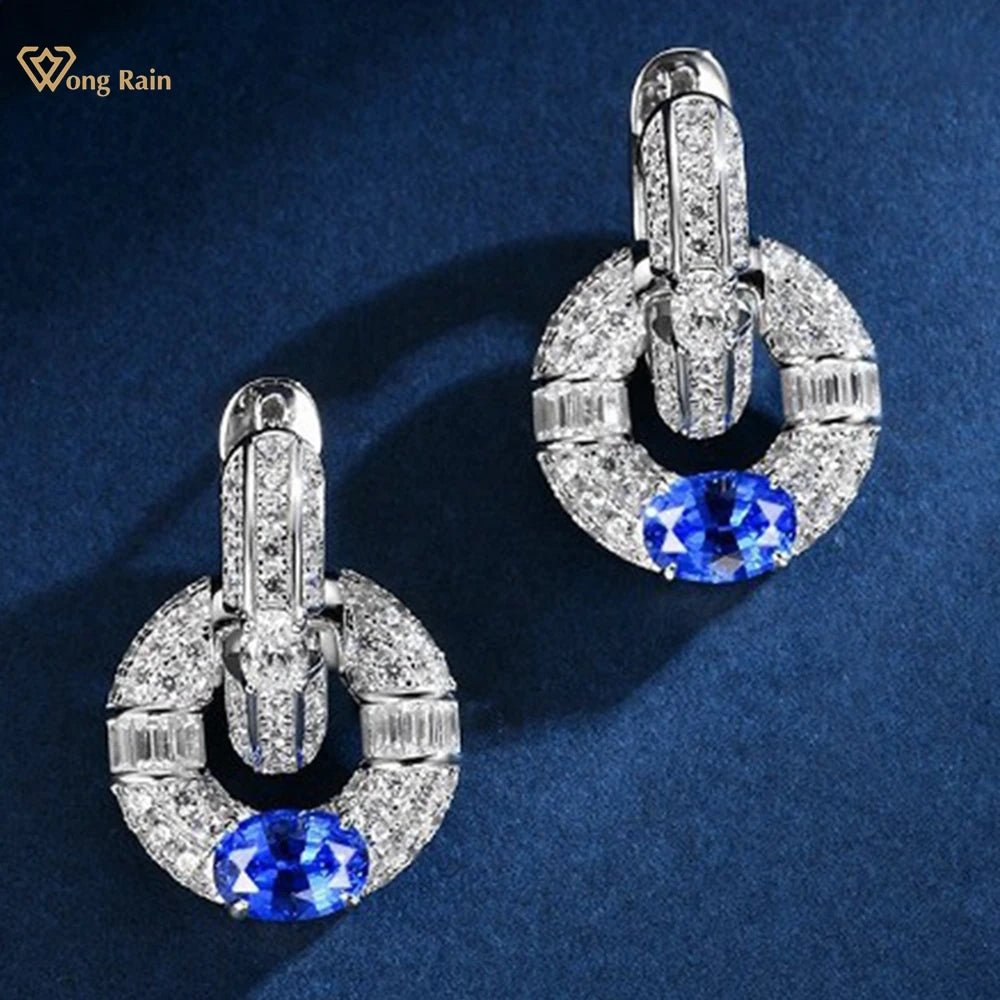 Wong Rain 100% 925 Sterling Silver Sparkling Oval Cut 5*7 MM Sapphire High Carbon Diamond Gemstone Drop Earrings Fine Jewelry